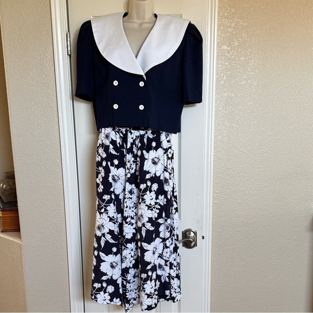 Jessica Howard Blue White Vintage 2 Piece Blazer Loose Fit Pants USA Women's 16